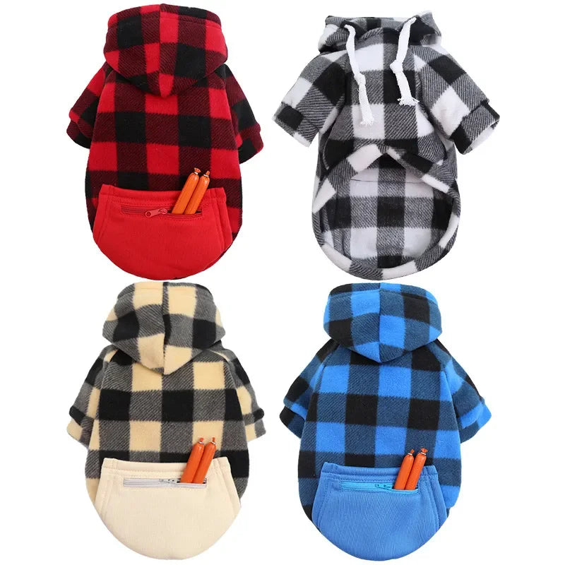 Plaid Dog Hoodie Pet Dog Clothes Sweaters With Hat And Pocket Design Autumn Winter Windproof Dog Clothing For Small Medium Dog