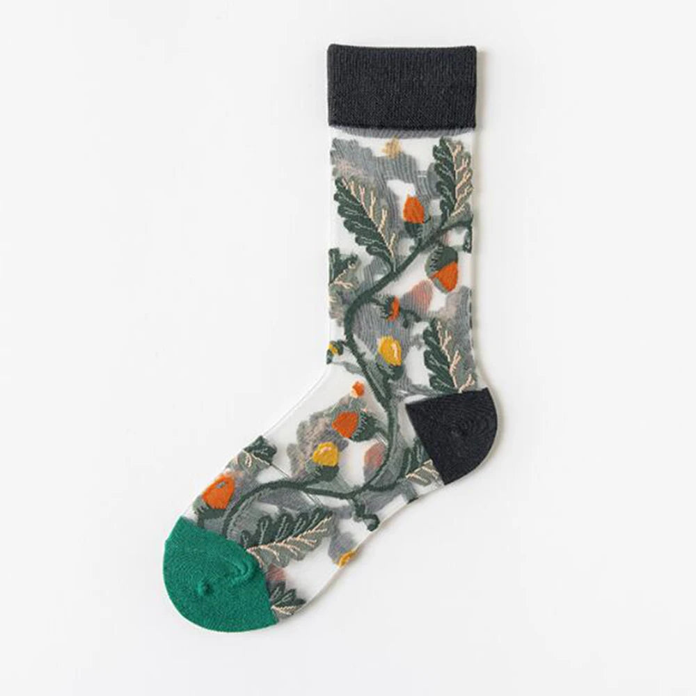 5 Pairs/Set France Hipster Design Glass Silk Floral Bird Funny Socks Women Transparent Art Ankle  Socks Jacquard