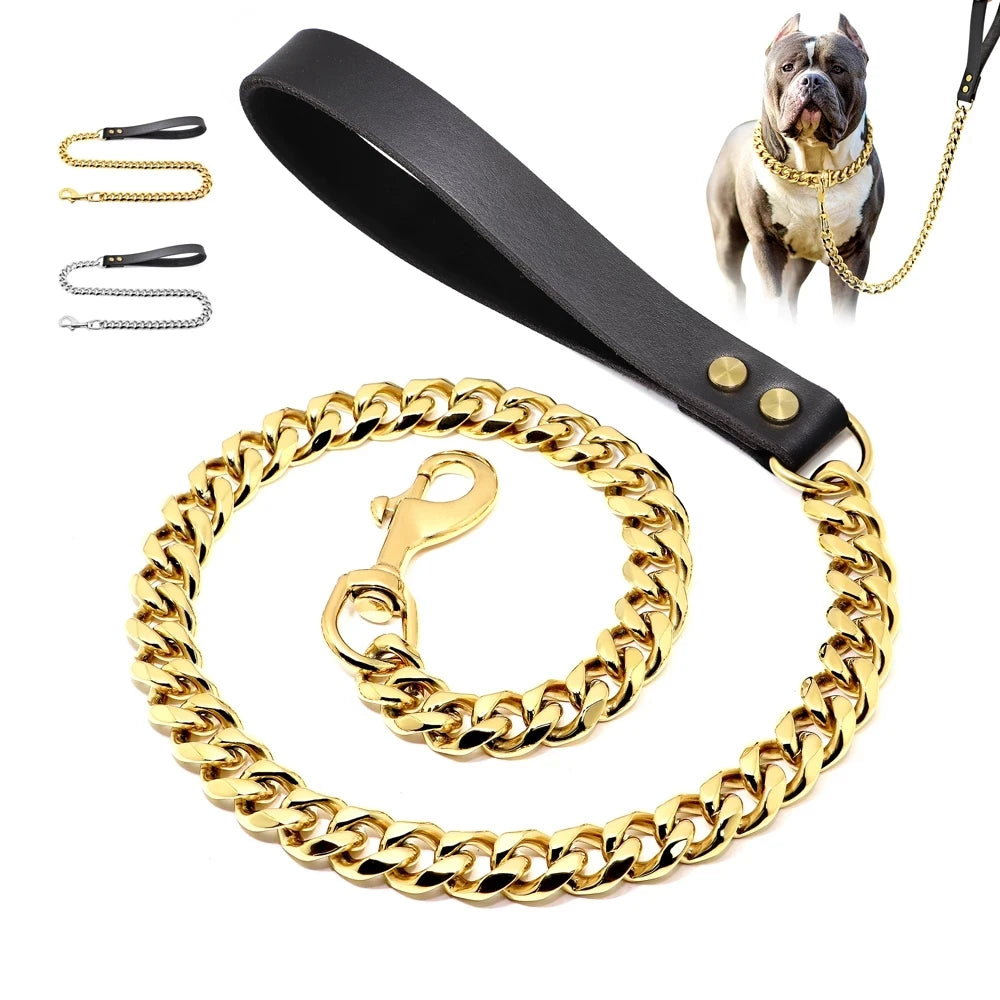 Stainless Steel Pet Gold Chain, Dog Leashes, Leather Handle, Portable Leash Rope, Straps, Puppy, Cat Training, Slip Collar Suppl