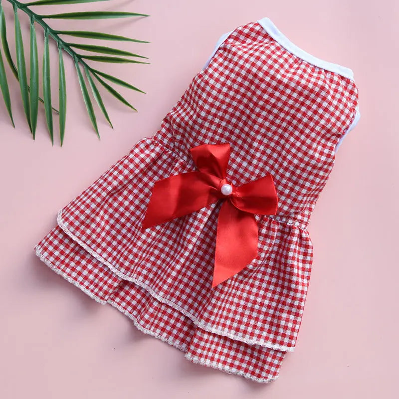 Bow Tie Decorate Dog Fancy Dress Stripes and Lattice Pink Pet Skirt Sleeveless Girl Wedding Party Pet Skirt Clothing for Cats