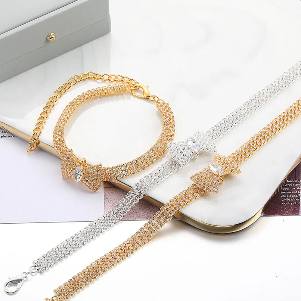 Adjustable Crystal Pet Necklace Cute Rhinestone BowTie Dog Collars Kitten Puppy Jewelry Necklace Photo Props for Small Animals