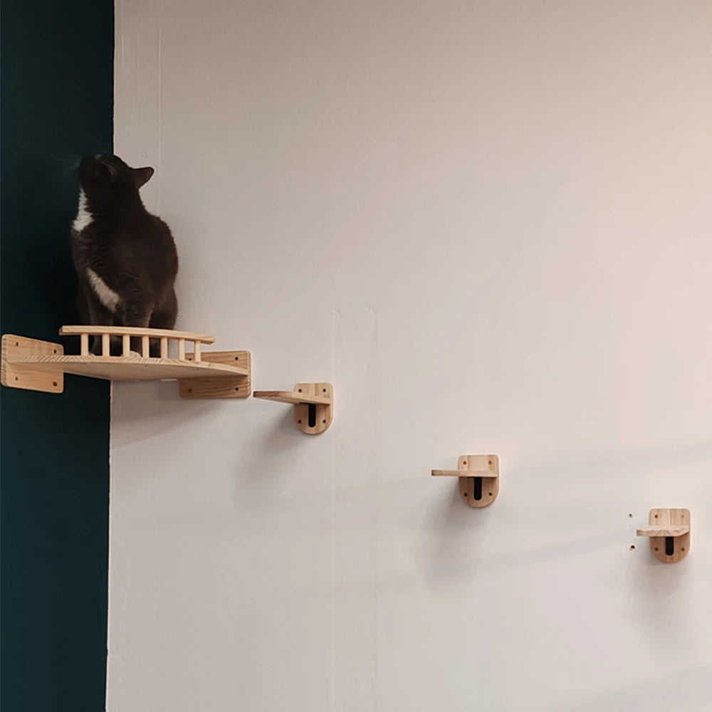 Cat Climbing Shelf Furniture Wall Mounted Cat Hammock and Wooden Stairway with Scratching Post for Cats Indoor Playing and Rest