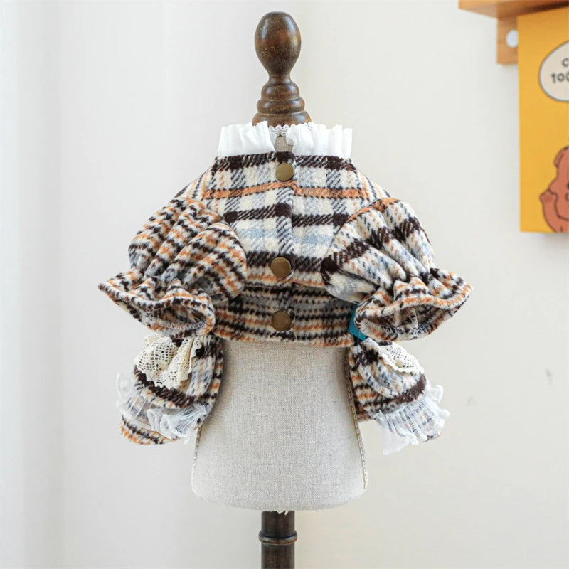 High Collar Small Dog Clothes Plaid Woolen New Year Autumn Winter Brown Overalls for Cats Maillard Fashion Girl Chihuahua Dress