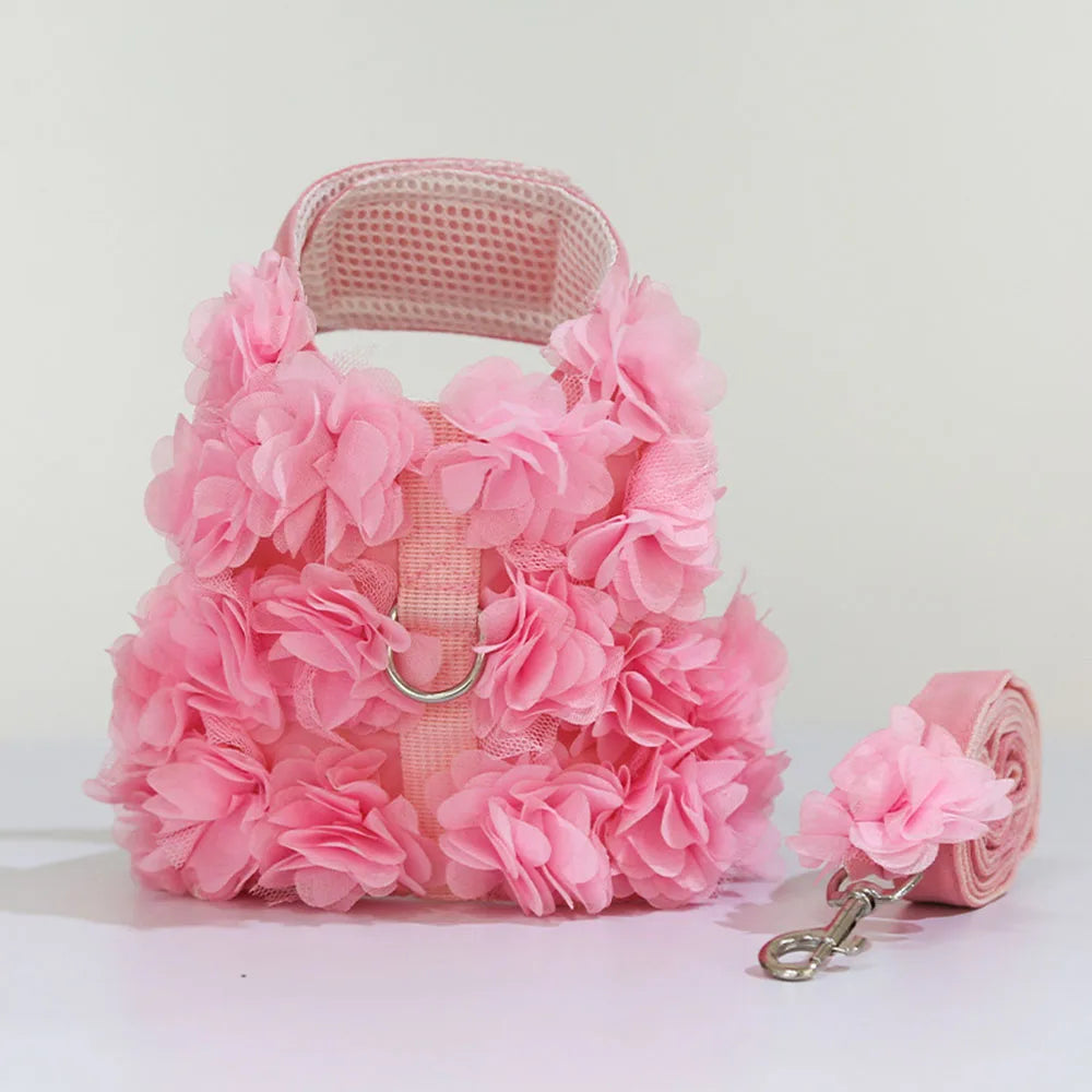 Pink Flower Puppy Harness Mesh Breathable Small Girl Dog Cat Vest Harness Cute Doggy Lace Dress Harness with Leash for Walking