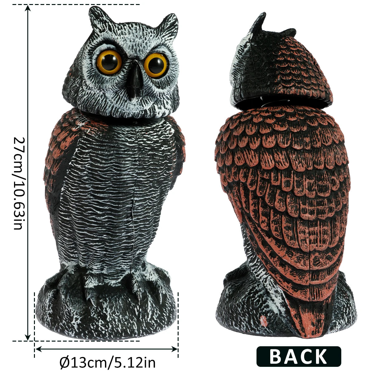 Owl Scare Bird Control Devices with 360° Swivel Head Waterproof Fake Owl Scarecrow Decoy Lifelike Simulation Owl Bird Deterrent