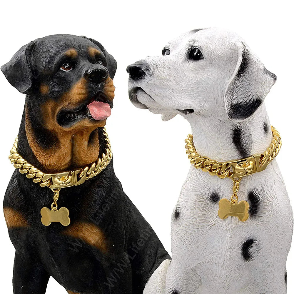 Gold Dog Chain Collar 15mm Stainless Steel Cuban Link Chain Strong Heavy Duty Chew Proof Dog Necklace with Buckle for Dogs