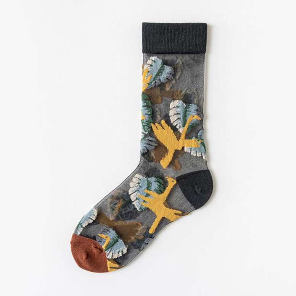 5 Pairs/Set France Hipster Design Glass Silk Floral Bird Funny Socks Women Transparent Art Ankle  Socks Jacquard
