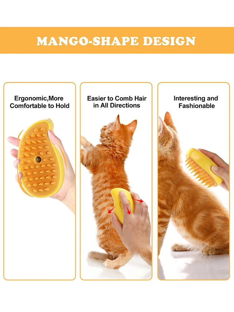 Cat Steam Brush, 3-In-1 Cat Steam Brush, Silicone Massage Beauty Brush, Cat And Dog Pet Hair Cleaning Brush Comb,Mango Shape