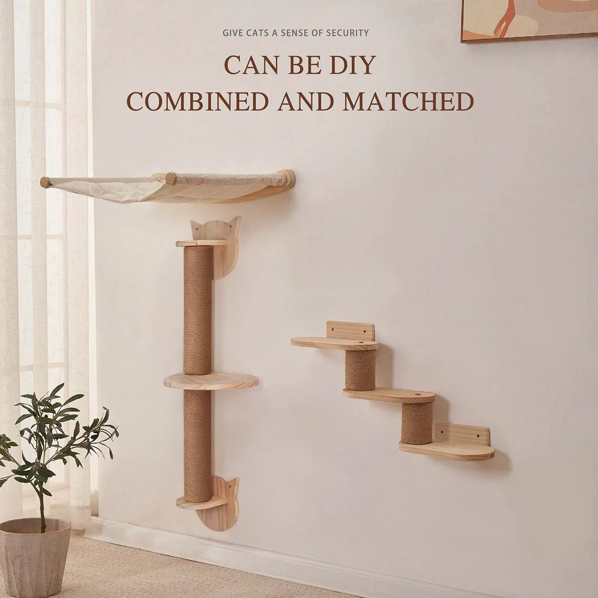 Cat Wall Furniture Scratching Post Cat Hammock with Wooden Structure Cat Ladder for Kitten Cat Tree Tower for Cat Play and Relax