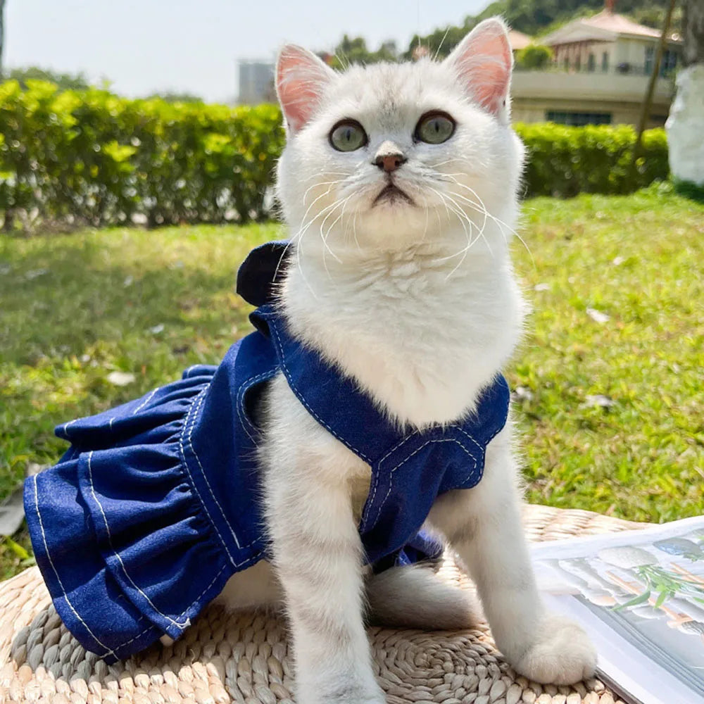Pet Denim Clothes For Cat Dog Spring Summer Cat Dress Harness Kitten Jeans Shirt Cat Bowtie Skirt Dress Vest Harness with D-Ring