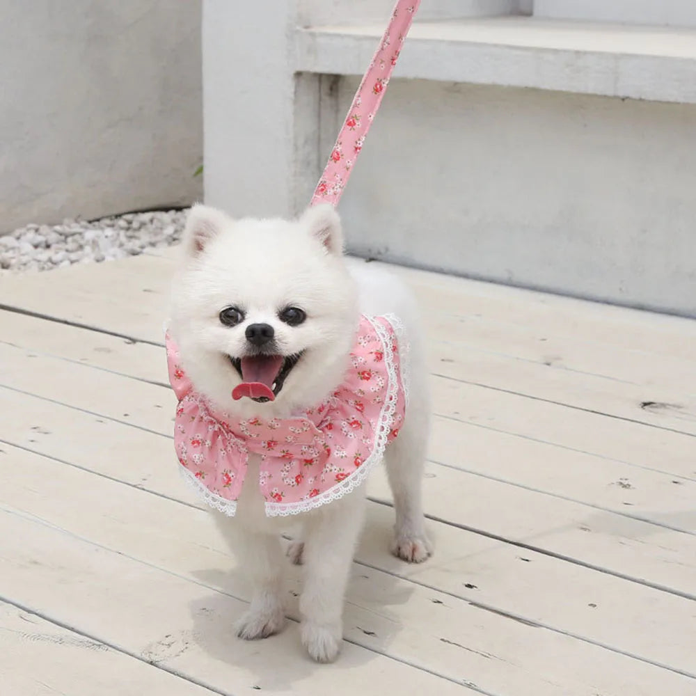 Pink Flower Puppy Harness Mesh Breathable Small Girl Dog Cat Vest Harness Cute Doggy Lace Dress Harness with Leash for Walking