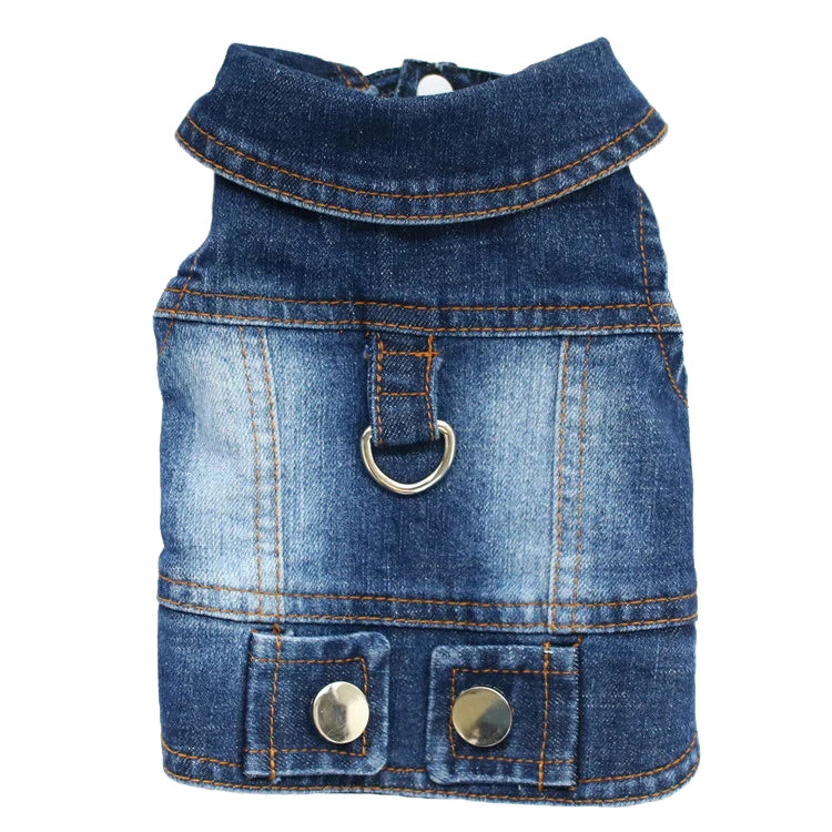 Dark Washed Dog Denim Jacket for Small Medium Dogs, Puppy Sleeveless Jeans Coat with D Ring Chihuahua Yorkie Clothes Pet Apparel