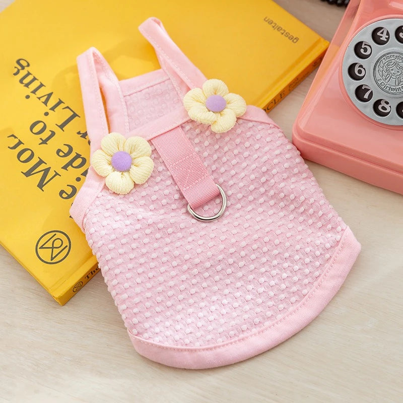 Sweet Flower Decorate Puppy Summer Clothes Breathable Unisex Small Chihuahua Pet Cat Vest Walking Leash T Shirt for York Dogs
