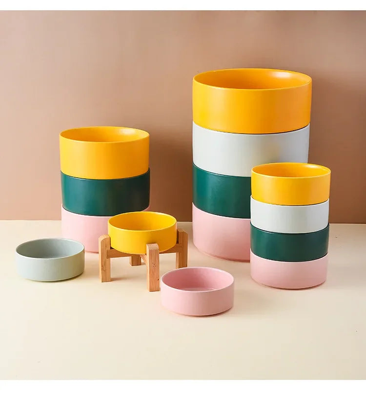 1800ml Big Dogs Bowl Double Ceramic Elevated Pet Food Water Feeders Small Medium Large Dog Feeding Supplies with Wooden Stand