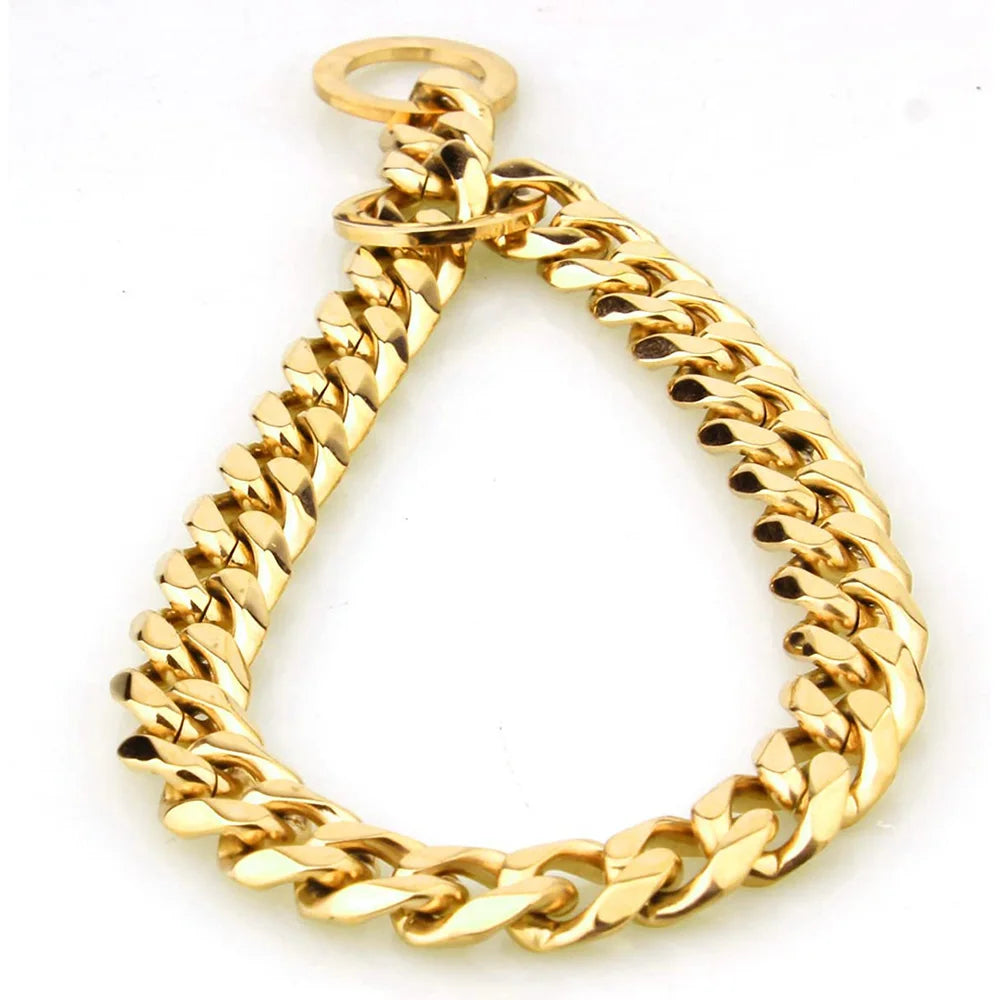 Dog Chain Collar Silvery Golden 15MM Width Cuban Link Chain for Dogs Strong Smooth Stainless Steel Metal Pet Training Slip Chain