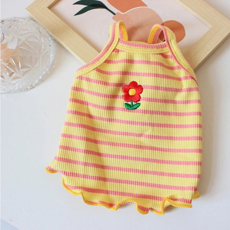 Flower Embroidery Pet Vest for Small Dogs Sweet Summer Striped Teddy Bear Cat Clothes Soft Cotton Designer Puppy Kitten T Shirt