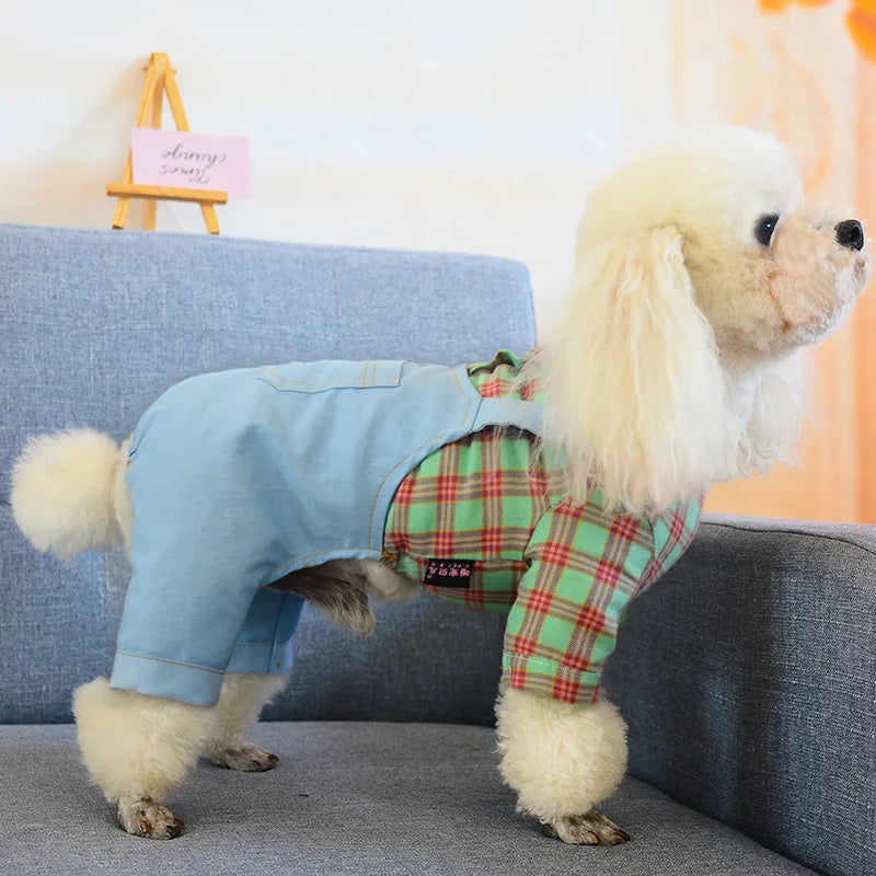 Dogs Clothes Jumpsuits Spring Autumn Denim Sling Plaid Pet T-Shirt Plaid Cat Dress Pet Puppy Skirt Teddy Puppy Clothes Small Dog