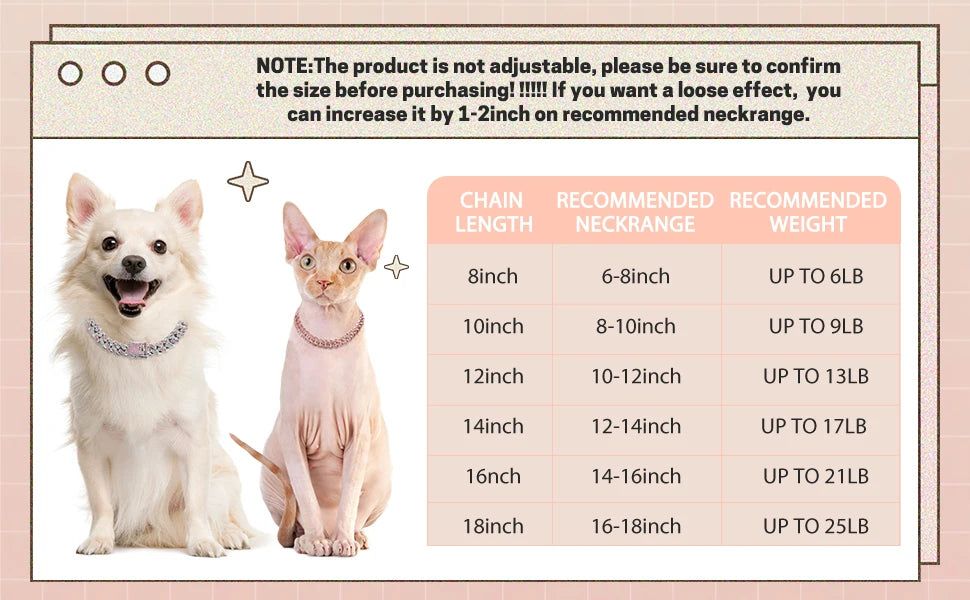Dog Chain Collar Pink Diamond Cuban Link Necklace Metal Cat Chain Pet Crystal Collar Jewelry Accessories for Dogs Cats