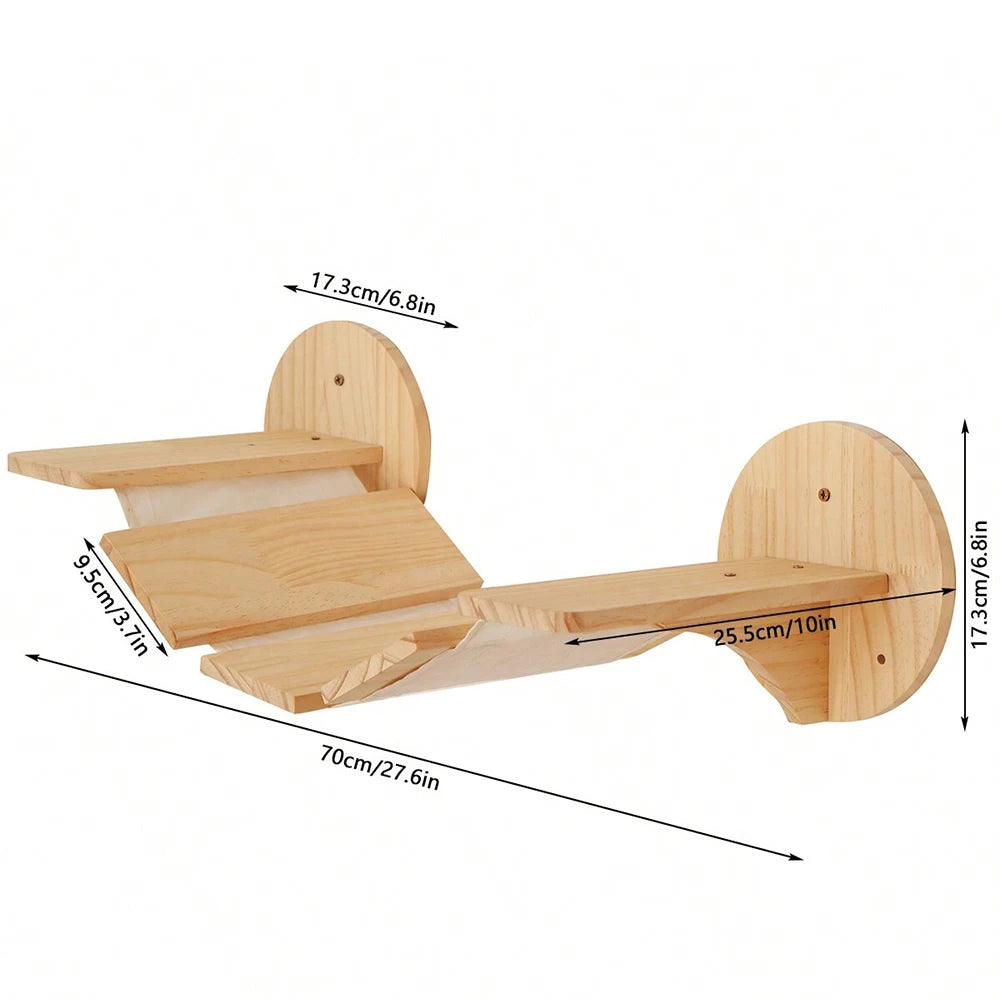 Cat Wall Mounted Shelf Furniture Wooden Cat Bed and Scratcher Post with Climbing Ladder Widen Steps for Kitten Play and Rest