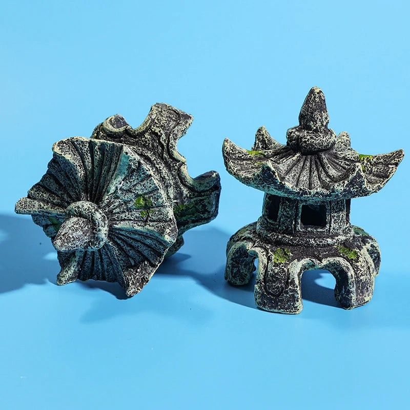 Resin Artificial Fish Tank Ancient Pavilion Decoration Aquarium Rock Cave Building Decoration Aquatic Landscaping Ornament Decor
