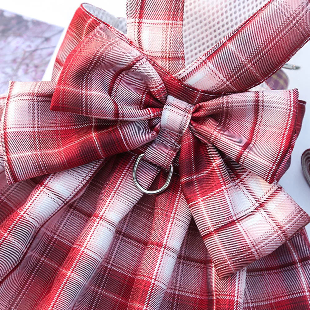 Puppy Dog Adjustable Harness Pet Plaid Skirt Cat Dog Vest Type Traction Clothes Small Dog Party Birthday Wedding Bowknot Dress