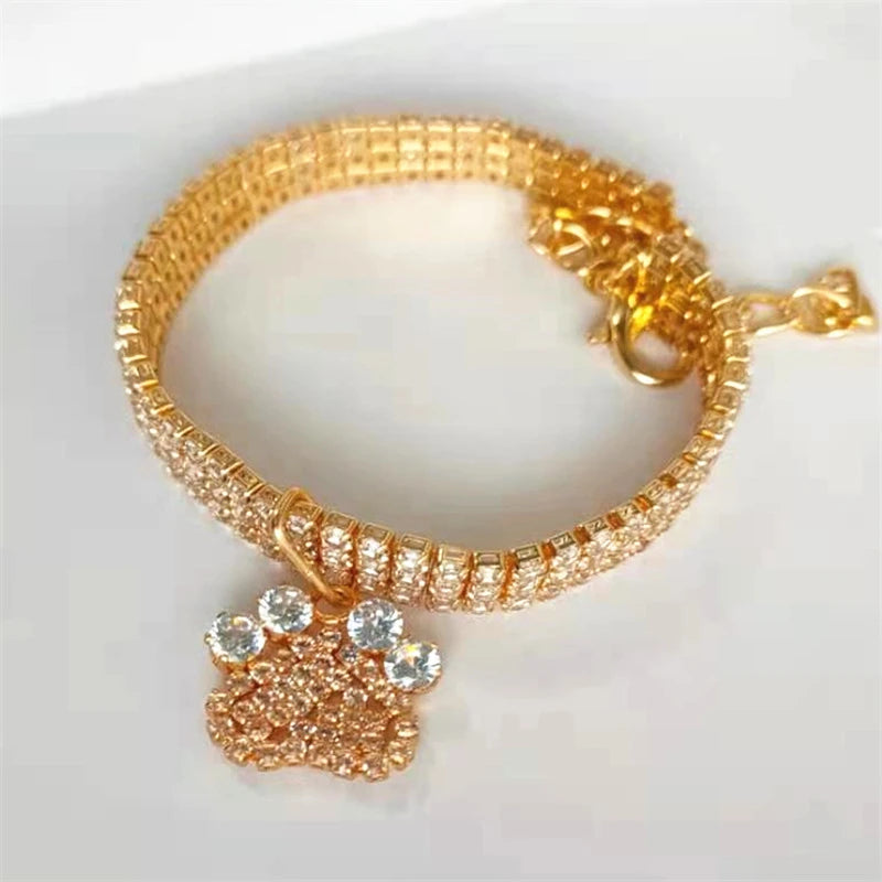 Fancy Summer Pet Dog Collars Alloy Rose Gold Zircon Footprint Pendant Necklace for Cats Luxury Designer Pet Neck Accessories
