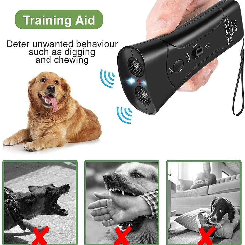 3 in 1 Dog Anti Barking Device Ultrasonic Dog Repeller Stop Bark Deterrents Pet Control Training Supplies with LED Flashlight