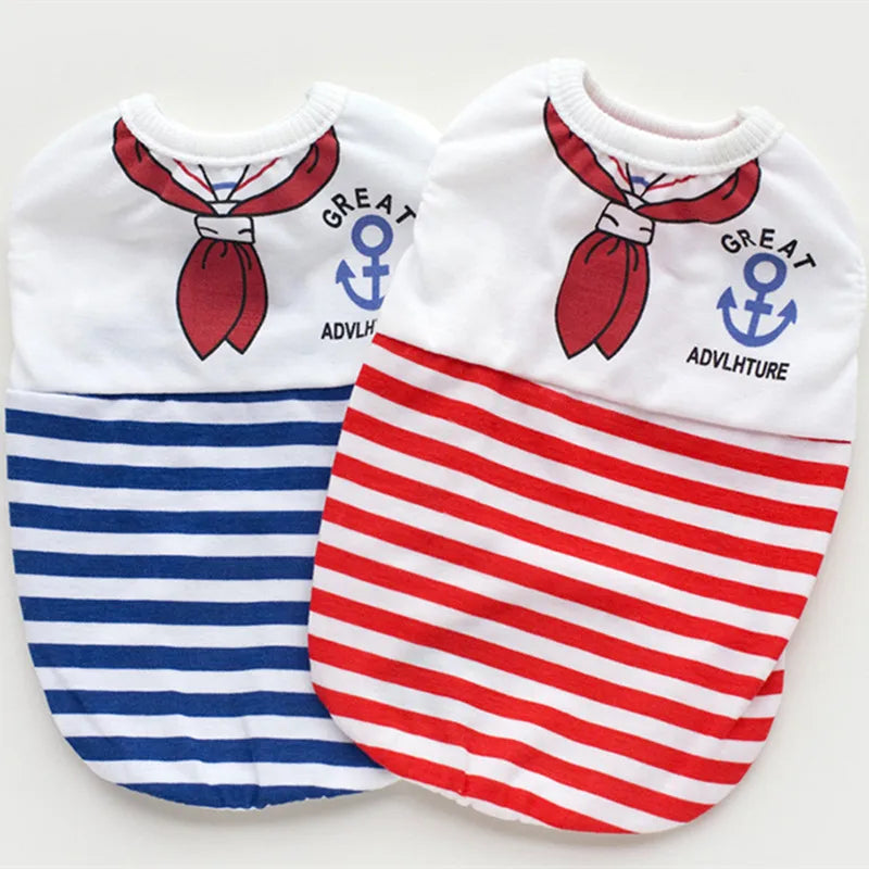 Pet Dog Clothes For Small Dogs Summer Cartoon Vest Clothing Sailor Tie Anchor Print Navy Tie Stripes Cat Dog Breathable T-Shirt