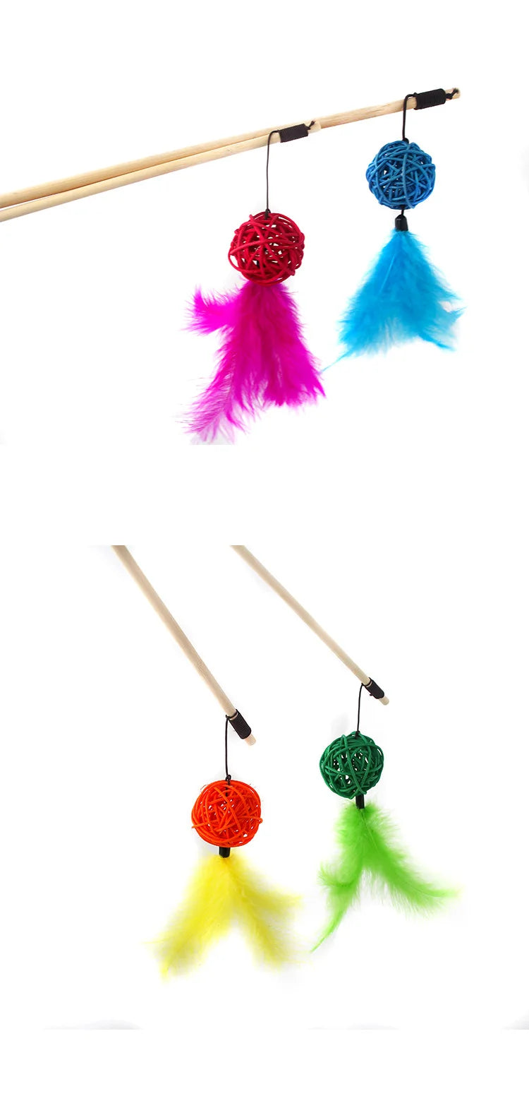 Cat Toy Cat Teaser Sticks Rattan Ball Funny Cat Stick Cat Supplies Funny Cat Ball Toy Interactive Nibbling Cat Rod Feathers