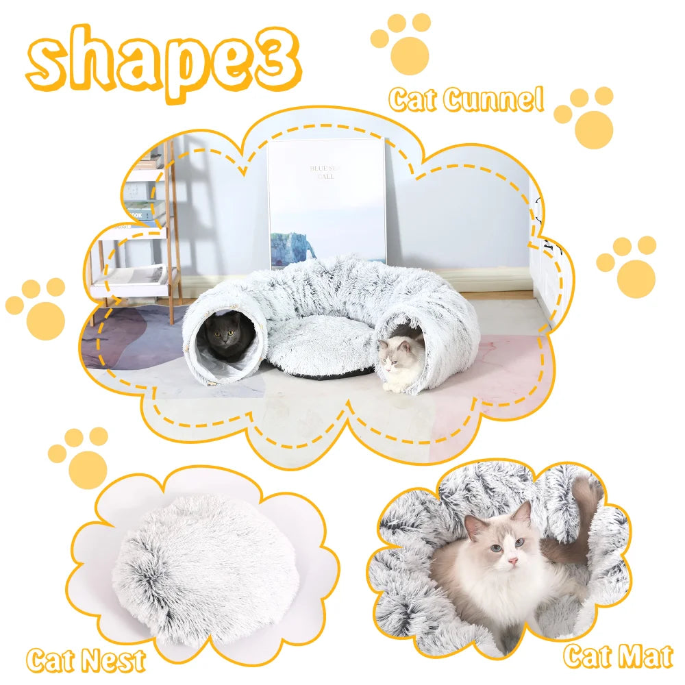 Plush Pets Cat Kennel Gray Foldable Round Cats Nest Crossing Tunnel Bed Winter Warm Collapsible Basket Cushion Mat Pet Supplies