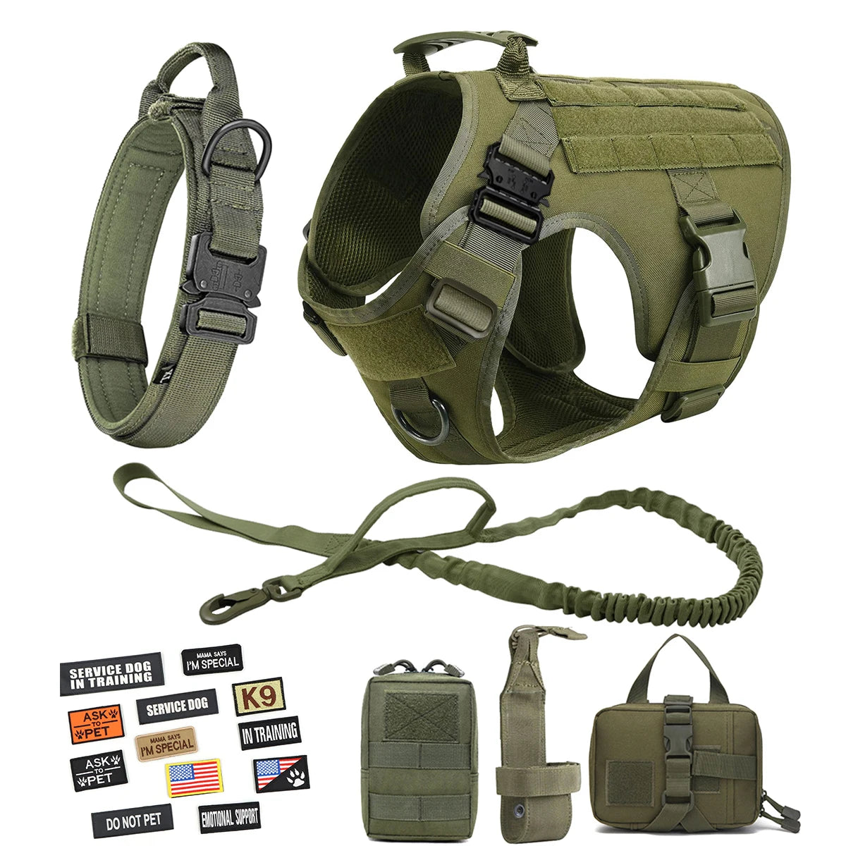 Large Dog Harness Collar Leash Molle Pouch Tactical Patches No-Pull Service Dog Harness Set for Small Medium Dog Training