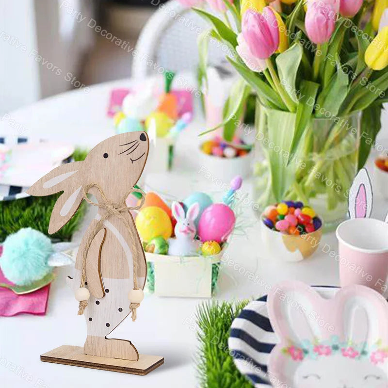 2025 Easter Wooden Rabbit Ornaments Standing Bunny with Flower for Spring Easter Party Home Table Decoration DIY Crafts Supplies