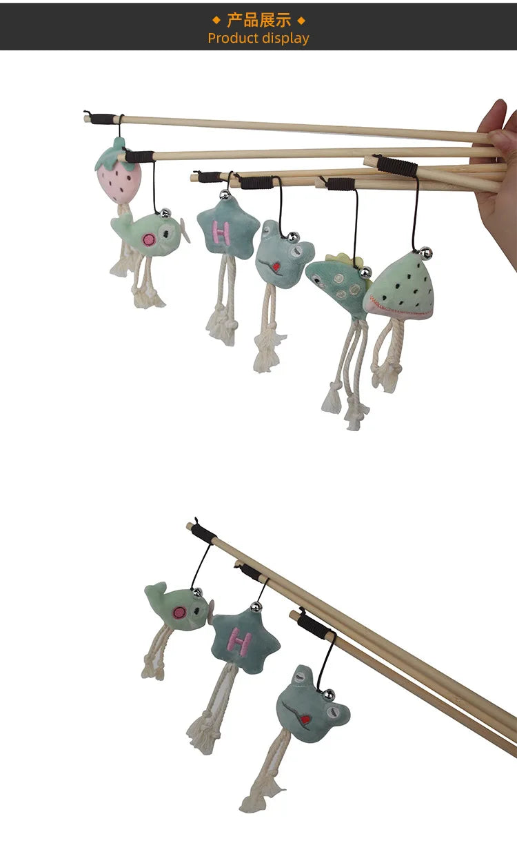 Cat Toy Cat Teaser Sticks Wooden Rod Funny Cat Stick Light Color Plush Doll Elastic Rope With Bell Cat Self-hi Toy