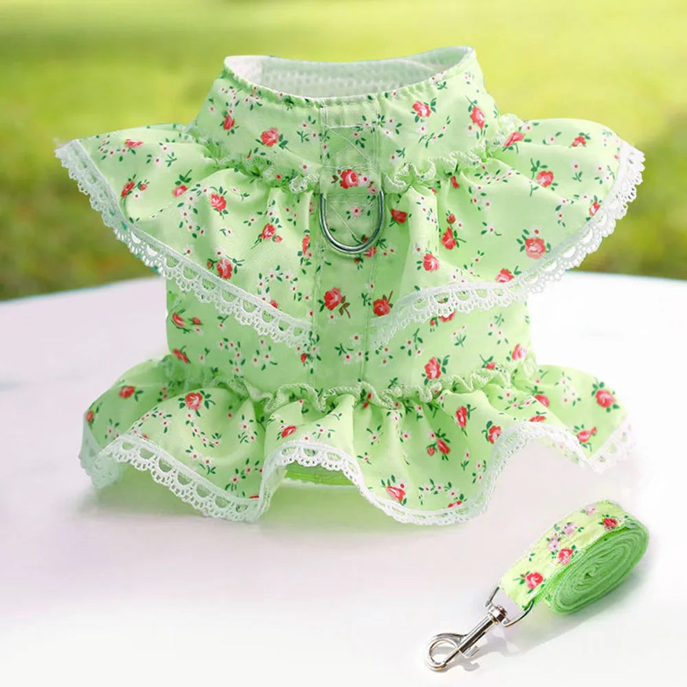 Pink Flower Puppy Harness Mesh Breathable Small Girl Dog Cat Vest Harness Cute Doggy Lace Dress Harness with Leash for Walking