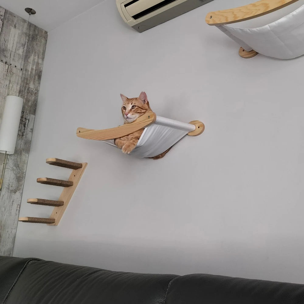 Cat Wall Mounted Wooden Shelves Platform and Hammock for Cats Sleeping and Scratching Post for Cats Grinding Claws Pet Furniture
