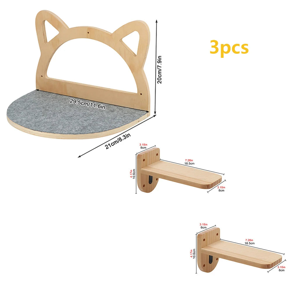 Cat Wall Mounted Shelf Furniture Wooden Cat Bed and Scratcher Post with Climbing Ladder Widen Steps for Kitten Play and Rest