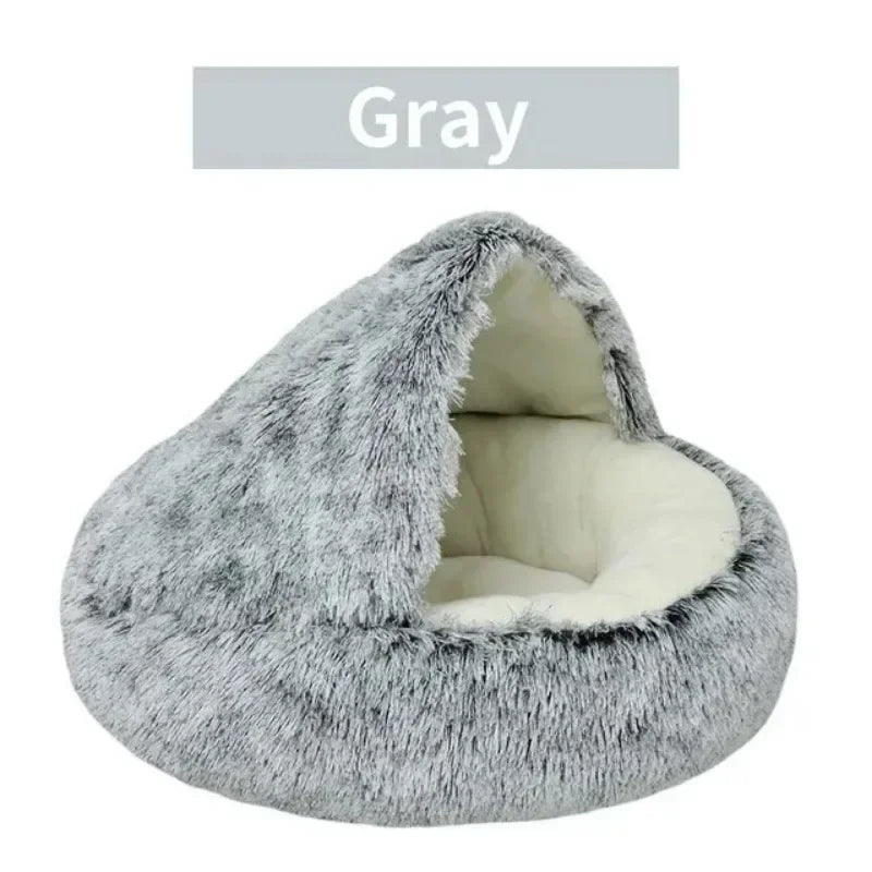 Long Soft Plush Round Cat Bed Comfortable Warm For Small Dogs Winter Sleep Bag Cats Nest Round Semi Enclosed Plush Pet Cat Bed