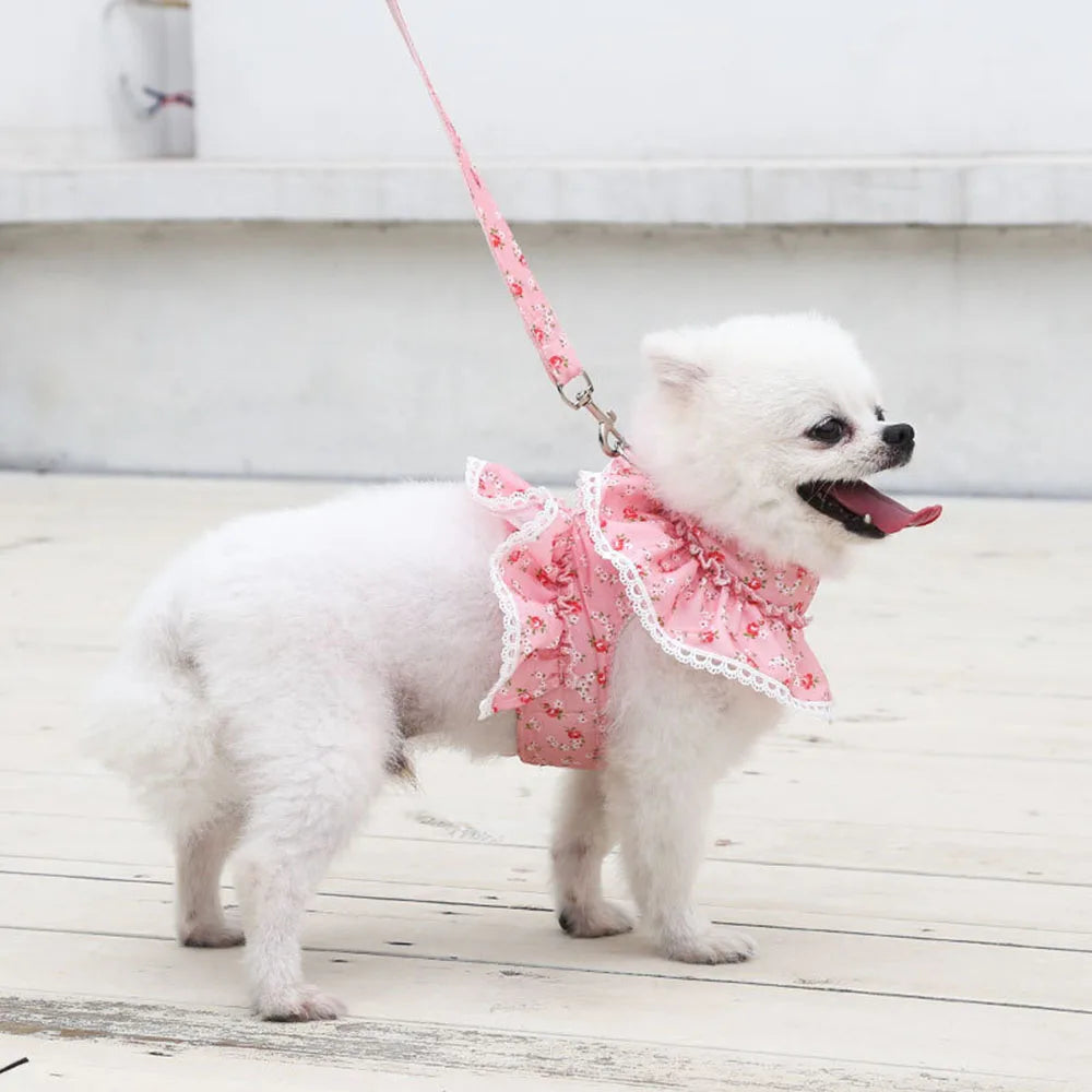 Pink Flower Puppy Harness Mesh Breathable Small Girl Dog Cat Vest Harness Cute Doggy Lace Dress Harness with Leash for Walking