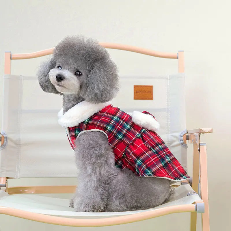 Christmas Plaid Clothes Thermal Fleece Lined Dog Winter Dress Coat with Luxury Faux Fur Collar for Small Dogs Puppy York Beagle