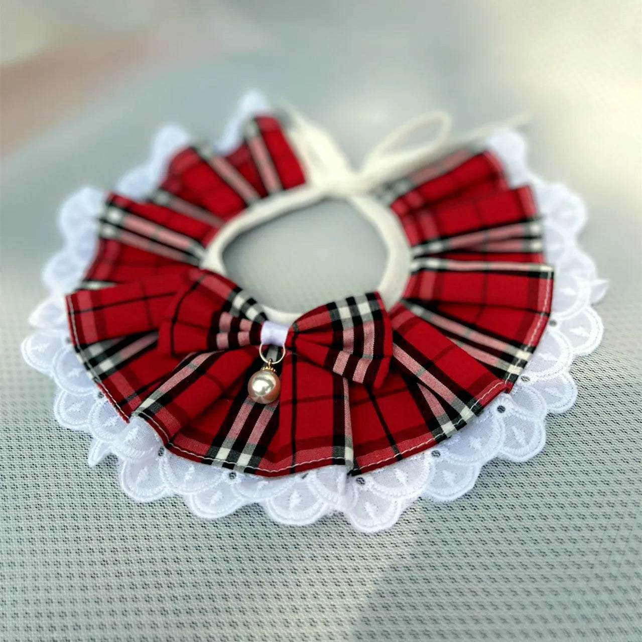 Puppy Cat Scarf for Cats, Hairless Cat Lace Bibs with Pearl Bows Neck Strap, Pet Costume Accessories Plaid Dots Floral Pattern