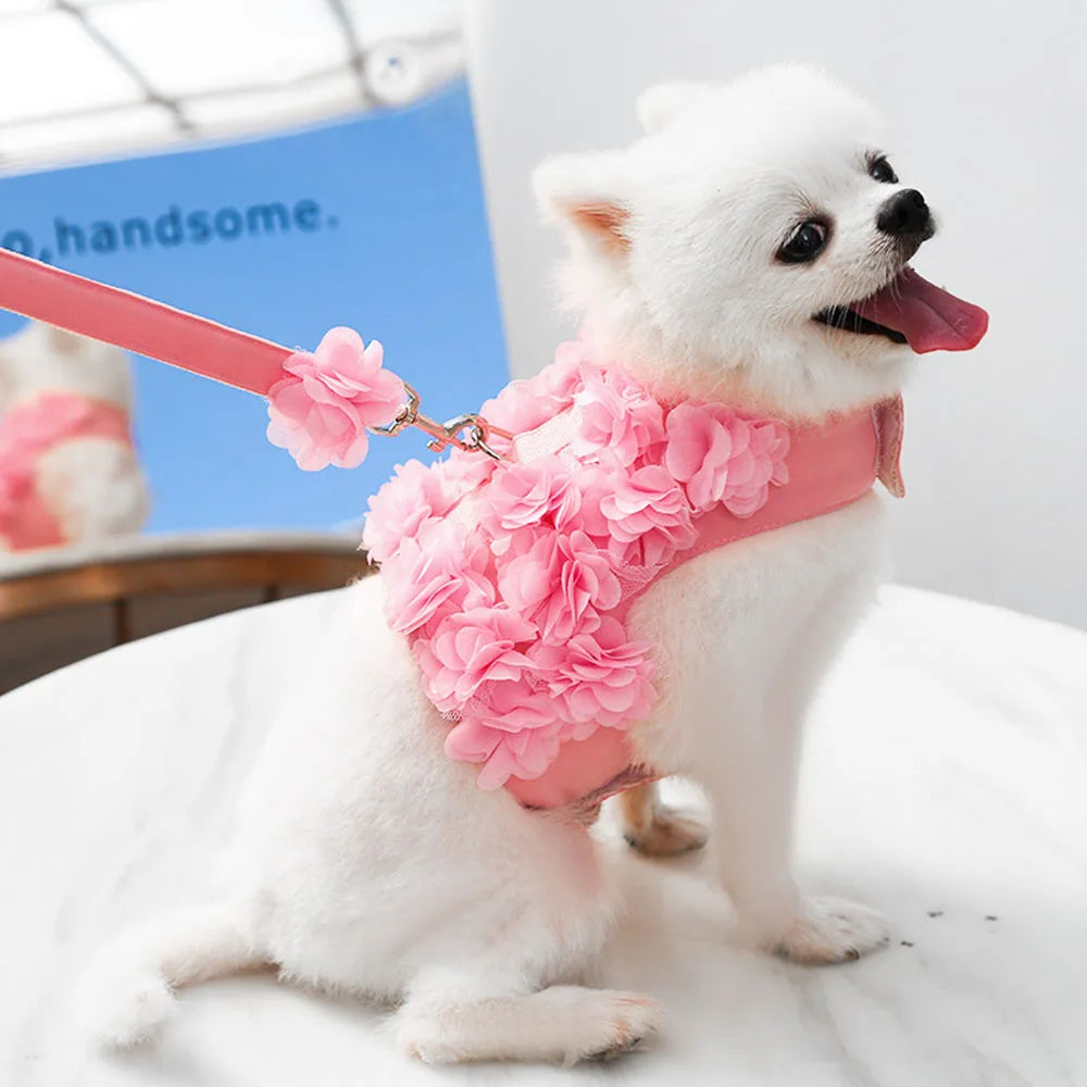 Pink Flower Puppy Harness Mesh Breathable Small Girl Dog Cat Vest Harness Cute Doggy Lace Dress Harness with Leash for Walking