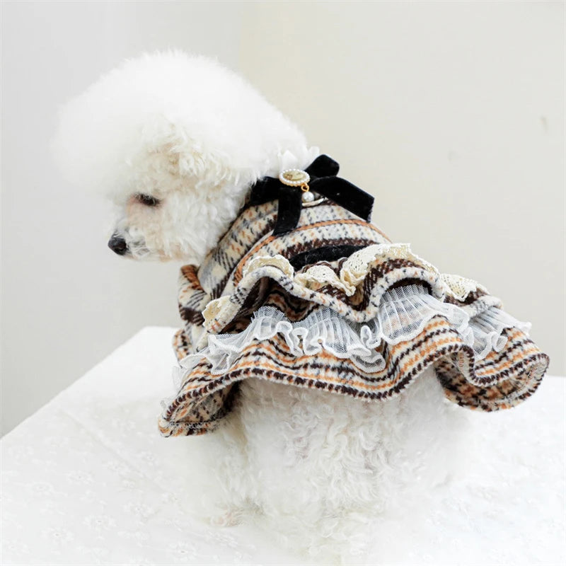 High Collar Small Dog Clothes Plaid Woolen New Year Autumn Winter Brown Overalls for Cats Maillard Fashion Girl Chihuahua Dress