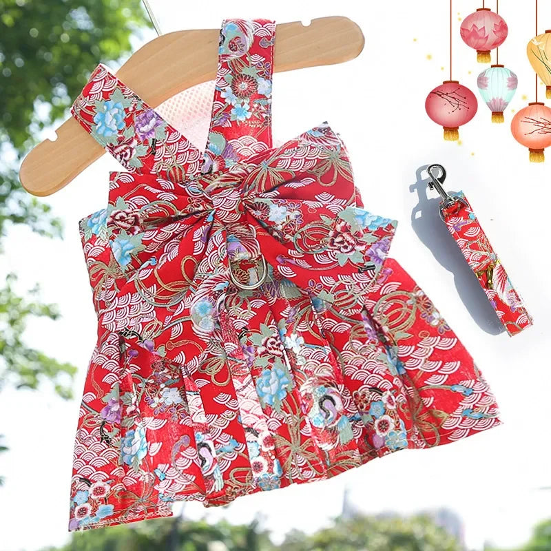 2023 New Pet Dog Harness and Leash Vest Breathable Checked Bowknot Cat Dress Teddy Bichon Dog Clothes Spring and Summer Outdoor