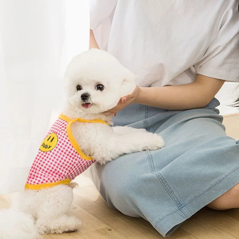 Summer Suspenders Dog Clothes Cute Smile Plaid Dog Vest Pet T-Shirt Chihuahua Pug Bichon 2024 Puppy Apparel Girls Dog Shirt