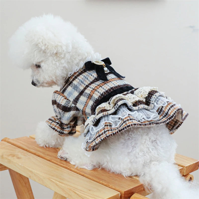 High Collar Small Dog Clothes Plaid Woolen New Year Autumn Winter Brown Overalls for Cats Maillard Fashion Girl Chihuahua Dress