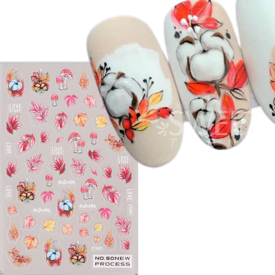 2pcs/set Autumn Maple Leaf Nail Art Sticker Bird Cotton Squirrel Mushroom Pumpkin Design Nail Decal Sliders Manicure Decoration