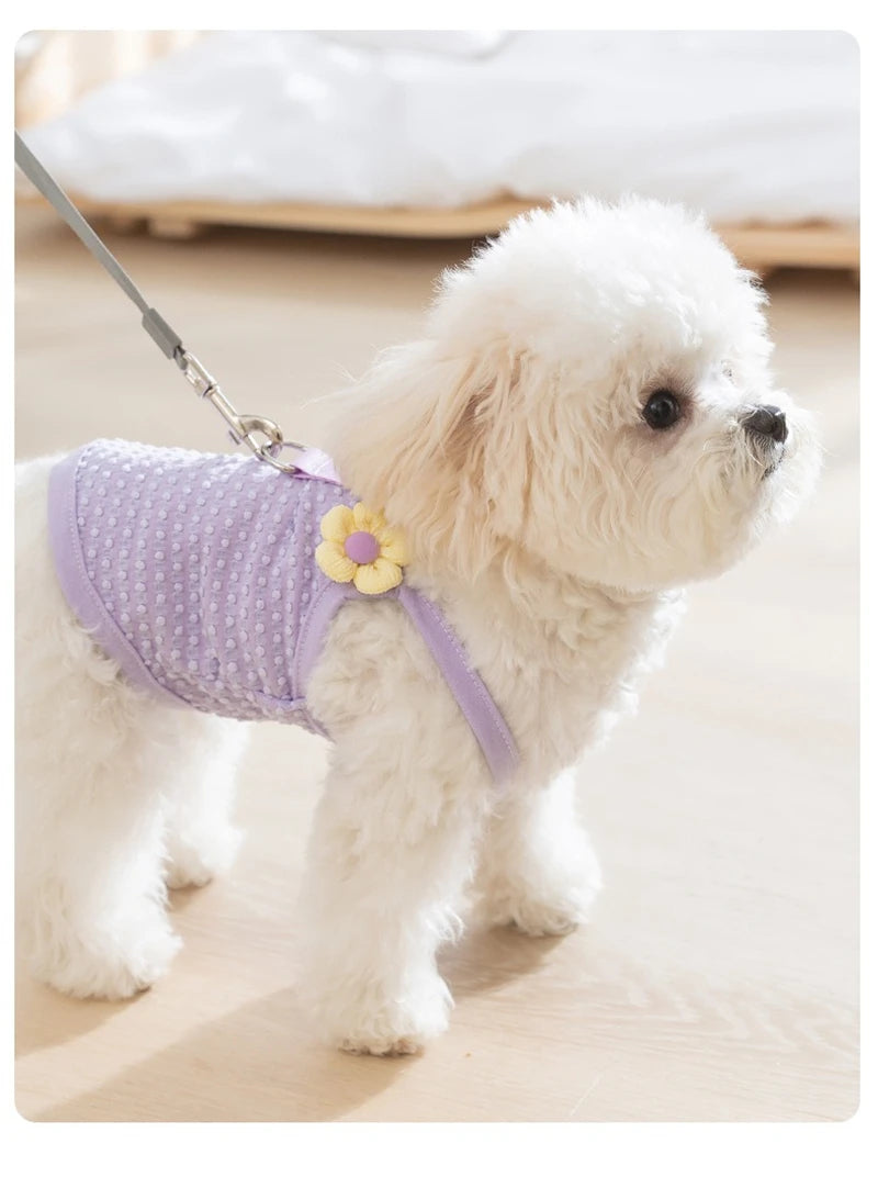 Sweet Flower Decorate Puppy Summer Clothes Breathable Unisex Small Chihuahua Pet Cat Vest Walking Leash T Shirt for York Dogs