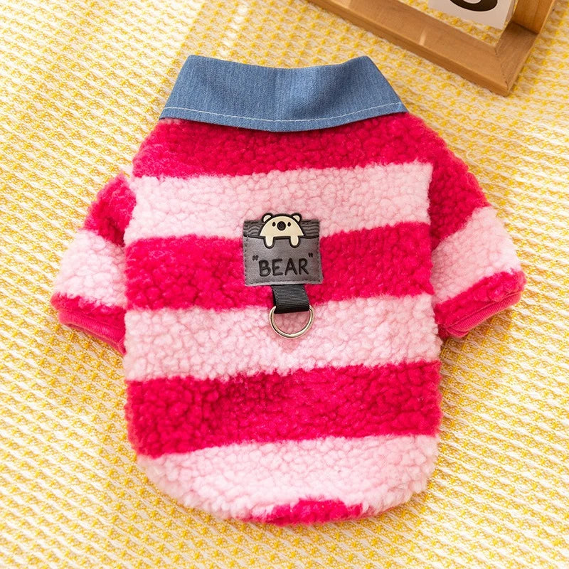 Velvet Warm Pet Cat Sweatshirts Chihuahua Half Sleeve Denim Collar Designer Striped Puppy Winter Clothes Soft Overalls for Yorks