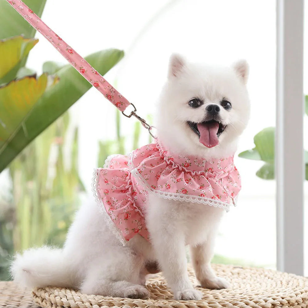 Pink Flower Puppy Harness Mesh Breathable Small Girl Dog Cat Vest Harness Cute Doggy Lace Dress Harness with Leash for Walking