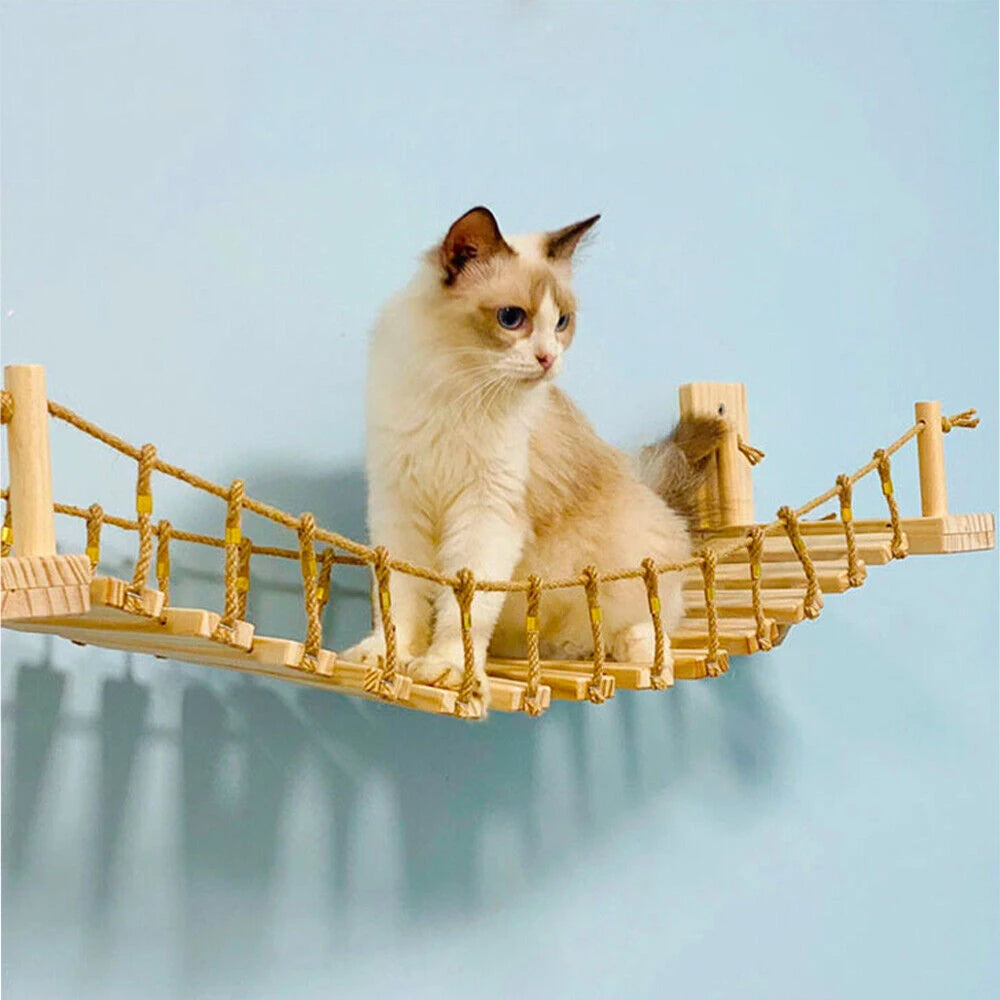Cat Bridge Cat Tree Wall Furniture, Wooden Structure, Rope Net Design, Suitable for Kitten to Play and Exercise Climbing Wall